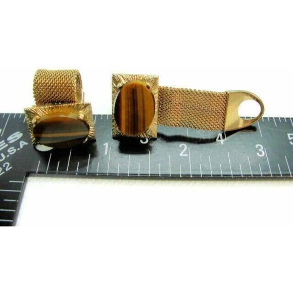Oval Tiger Eye Mesh Wraparound Bullet Gold Tone Cuff Link Mens Vintage Cufflinks - Picture 7 of 8